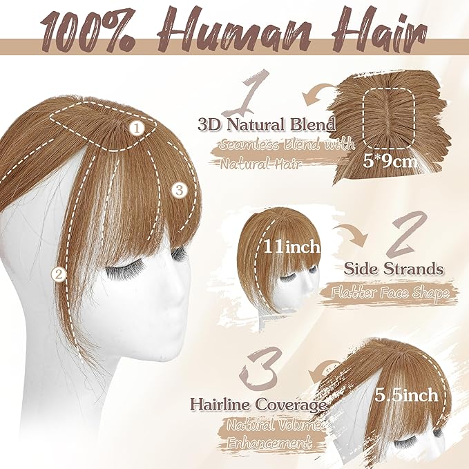 Hair Toppers for Women Real Human Hair - 360° Coverage Light Brown Clip In Topper with Bangs for Thinning Hair Upgraded 5×9 cm Silk Base Ideal for Everyday Use
