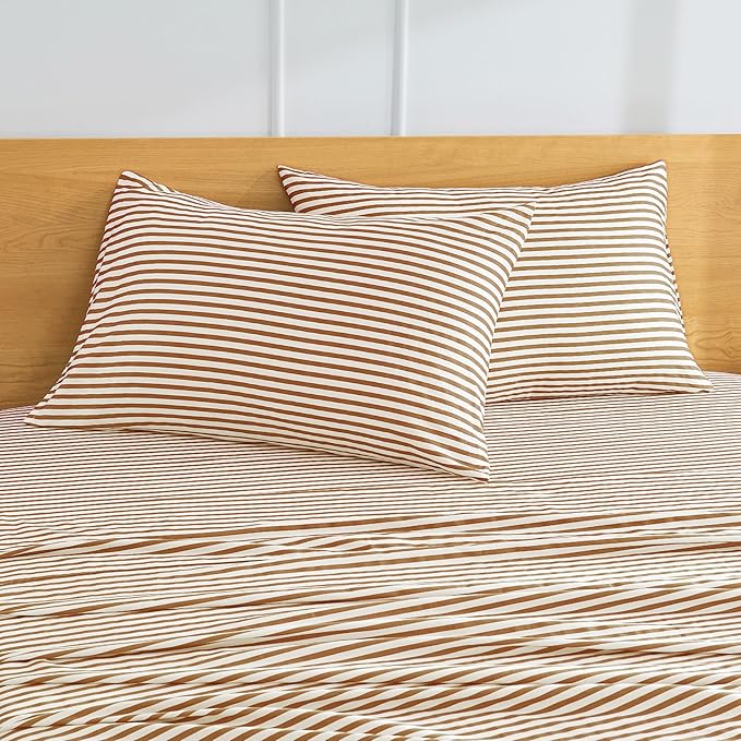 JELLYMONI 100% Natural Cotton Striped King Pillowcases Set, 2 Pack White and Rust Stripes Pattern Printed Pillow Covers with Envelope Closure(Pillows are not Included)
