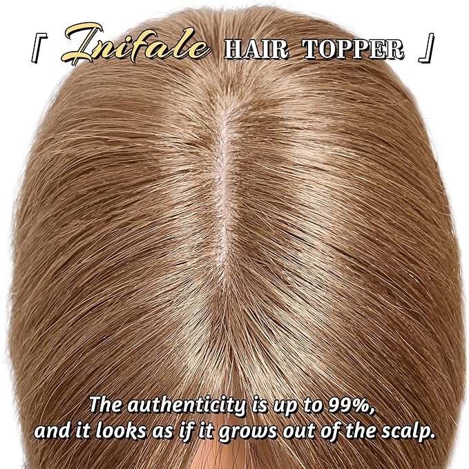 Hair Toppers for Women Real Human Hair,10 inch 30g Light Brown Human Hair Topper for Women 150% Density Silk Base Middle Part Clip in Hair Pieces Straight Hair for Daily Use