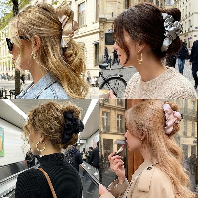 4Pcs Satin Hair Claw Clips Set, Large Silk-Like Hair Jaw Clamps in Champagne-Pink-Black-Gray, Non-Slip Strong Hold Hair Accessories for Thin/Medium/Thick, Stylish Hair Grips for Women Girls
