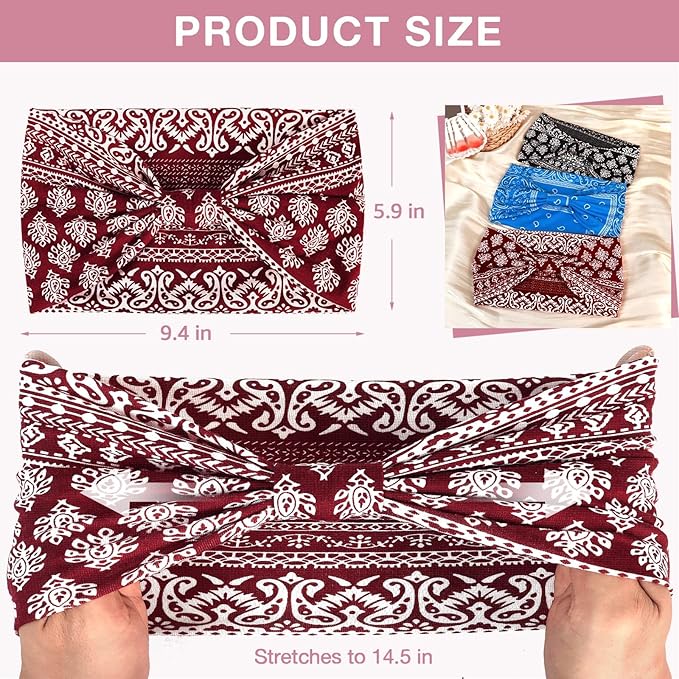 Wide Headbands for Women Knotted No Slip Head Bands Soft Turban Headband Hair Accessories Boho African Solid Color Head Wraps for Women Yoga Workout Pack of 6