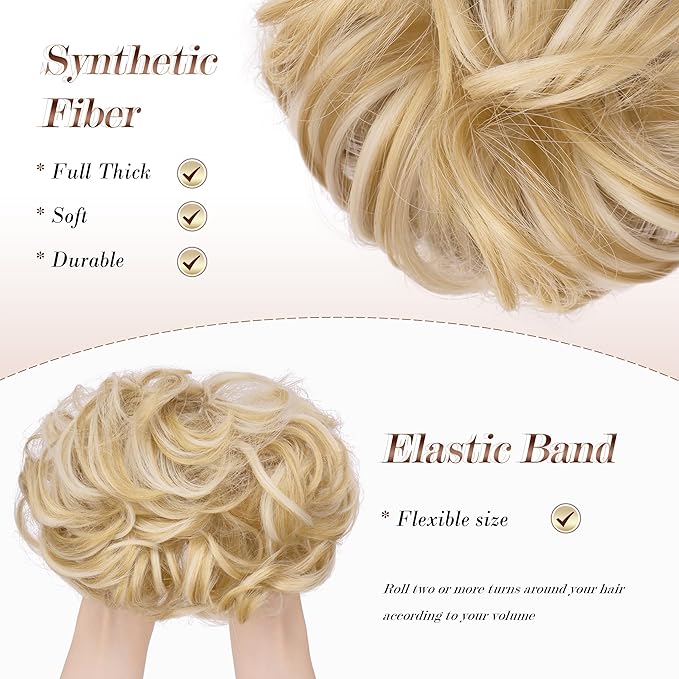 FESHFEN Messy Bun Hair Piece - Elastic Wavy Curly Hair Bun Scrunchies Extensions Synthetic Chignon Hairpieces for Women, Champagne Blonde & White Blonde 1.5 oz