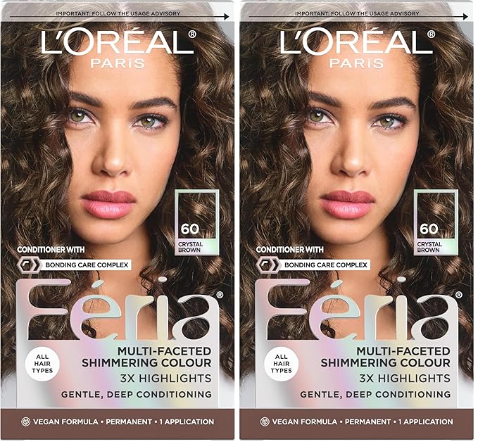 L'Oreal Paris Feria Multi-Faceted Shimmering Permanent Hair Color, 60 Crystal Brown (Light Brown), Pack of 2 Hair Dye Kit