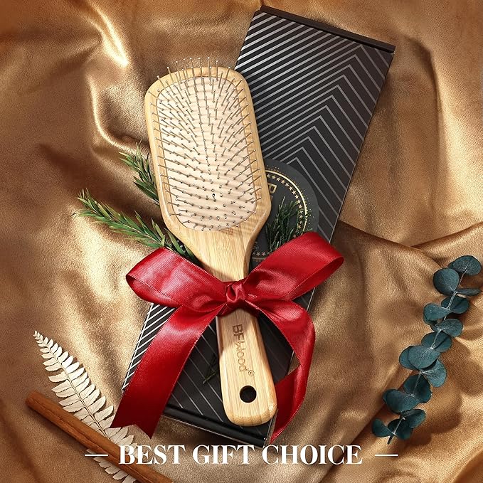 BFWood Bamboo Hair Brush with Steel Bristles, Help Hair Growth and Massaging Scalp