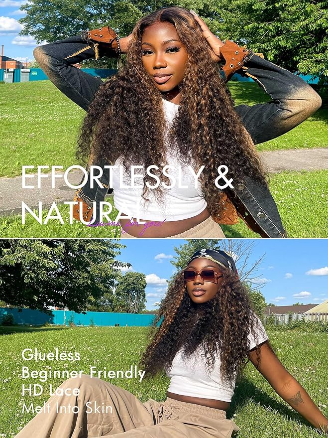 LUVME HAIR 18 Inch Highlight Brown Curly Lace Front Wig Human Hair Pre Cut Lace Glueless 5X5 Closure Wig Pre Plucked For Women 180 Density