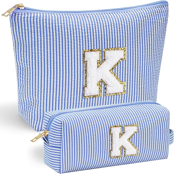 YOOLIFE Initial Makeup Bag Christmas Gifts for Girls Grandkids - Birthday Gifts for 3 4 5 6 7 8 9 10 11 12 13 Year Old Girl Stocking Stuffers for Girls Teen Daughter Kids Travel Makeup Bag Blue K