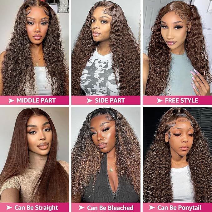 Chocolate Brown Deep Wave 13x6 HD Lace Front Wigs Human Hair 200 Density Curly Wig Wet and Wavy Lace Front Wigs for Women Human Hair Wig Pre Plucked with Baby Hair (22 Inch)
