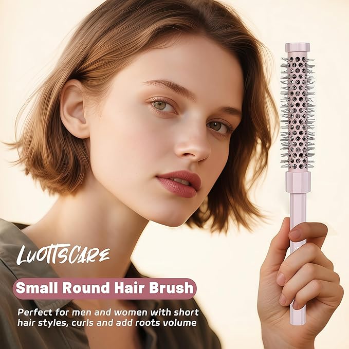 3pcs Small Round Hair Brush for Short Hair - Barrel Hair Brush for Blow Drying, Aluminum Round Brush for Bobs, Bangs, Lobs, Roots, Curling, Pixie Cuts, Straight Hair - Pink