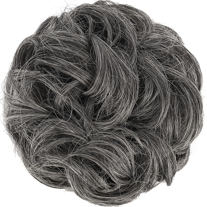 FESHFEN Messy Bun Hair Piece - Large Elastic Wavy Curly Hair Bun Scrunchies Ponytail Extensions Synthetic Chignon Hairpieces for Women, Dark Salt and Pepper 1.94oz