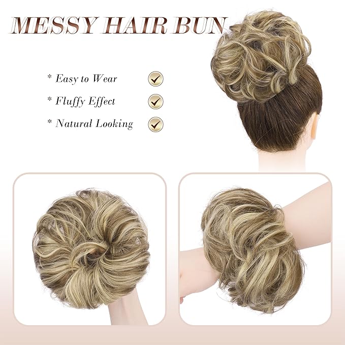 FESHFEN Messy Bun Hair Piece - Elastic Wavy Curly Hair Bun Scrunchies Extensions Synthetic Chignon Hairpieces for Women, Brunette & Blonde 1.5 oz