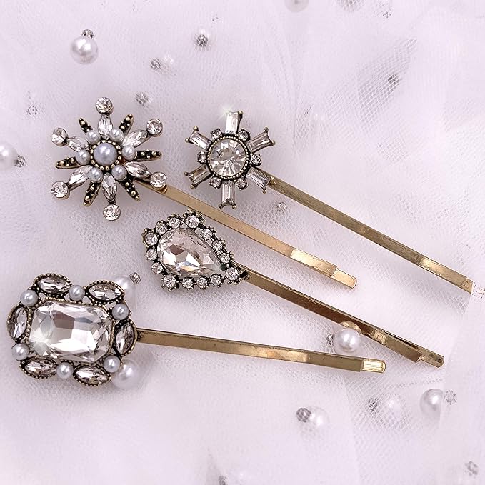 4PCS Vintage Rhinestone Pearl Bobby Pins Decorative Hair Slides Clips Accessories Women