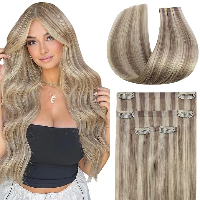 Full Shine Seamless Clip in Hair Extensions Human Hair, Highlights Blonde to Ash Blonde Real Hair Extensions Clip in, Seamless Wefts for Thin Hair Add Volume, 4Pcs 16Inch 65 grams