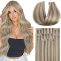Full Shine Seamless Clip in Hair Extensions Human Hair, Highlights Blonde to Ash Blonde Real Hair Extensions Clip in, Seamless Wefts for Thin Hair Add Volume, 4Pcs 16Inch 65 grams