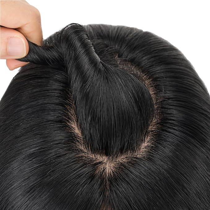 Hairro Human Hair Toppers Free Parted, 3.5x4.7" Base Hand-wovened 100% Real Hairpieces, with Invisible Clips-in for Women, for High Hairline/Adding Volume on Top, 12 Inch Jet Black