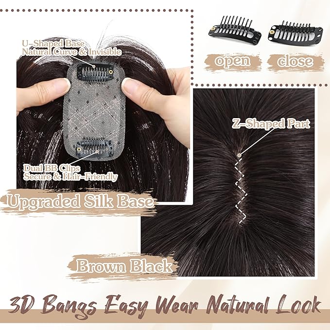 Hair Toppers for Women Real Human Hair - 360° Coverage Brown Black Clip In Topper with Bangs for Thinning Hair Upgraded 5×9 cm Silk Base Ideal for Everyday Use