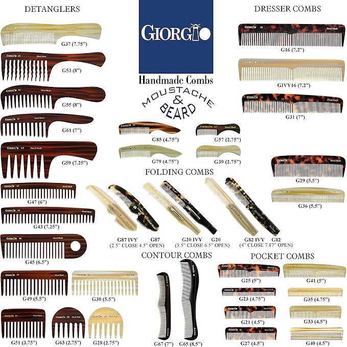 Giorgio G37 Large Coarse Hair Detangling Comb, Wide Teeth for Long Thick Curly Wavy Hair. Wet and Dry Use. Handmade Rake Comb, Saw-Cut from Cellulose, Hand Polished Imitation Horn