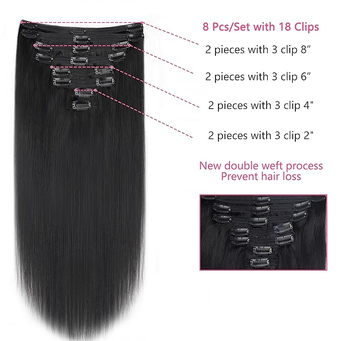 Clip in Hair Extensions Real Human Hair For Women Double Weft Brazilian Virgin Hair Extensions Wear and Go Straight Clip on Hair 8pcs With 18 Clips 120g(20inch,#1B)