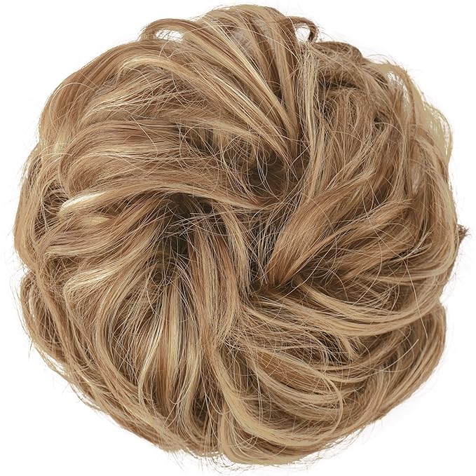 FESHFEN Messy Bun Hair Piece - Large Elastic Wavy Curly Hair Bun Scrunchies Ponytail Extensions Synthetic Chignon Hairpieces for Women, Light Brown & Mixed Blonde 1.94oz