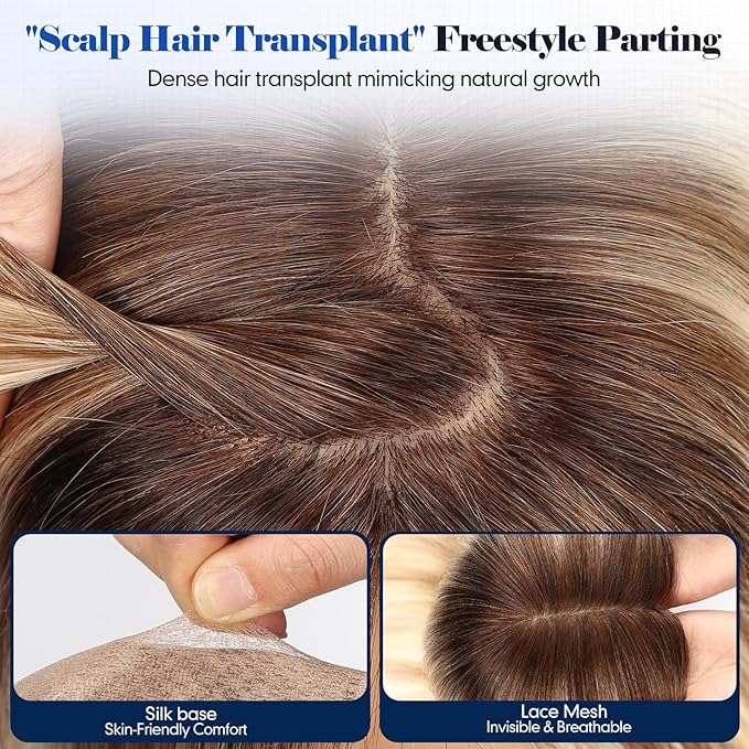HAIRCUBE Hair Toppers For Women With Thinning 5"*5" Large Base Real Hair Toppers For Women, 14 Inch For Hand-Woven, 60g, Silk, Natural, realistic, Use Daily, Hairloss, Blonde Mixed Brown, No Bangs
