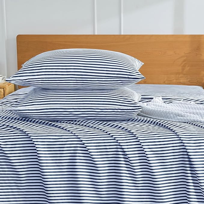 JELLYMONI 100% Natural Cotton Striped Queen Pillowcases Set, 2 Pack White and Dark Blue Stripes Pattern Printed Pillow Covers with Envelope Closure(Pillows are not Included)