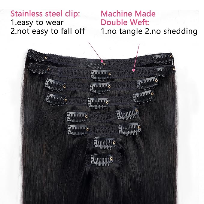 Clip in Hair Extensions Real Human Hair For Women Double Weft Brazilian Virgin Hair Extensions EasiContour Straight Clip Ins 8pcs With 18 Clips Clip on Hair(16inch,#1B)