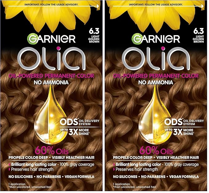 Garnier Hair Color Olia Ammonia-Free Brilliant Color Oil-Rich Permanent Hair Dye, 6.3 Light Golden Brown, 1 Count (Packaging May Vary) (Pack of 2)