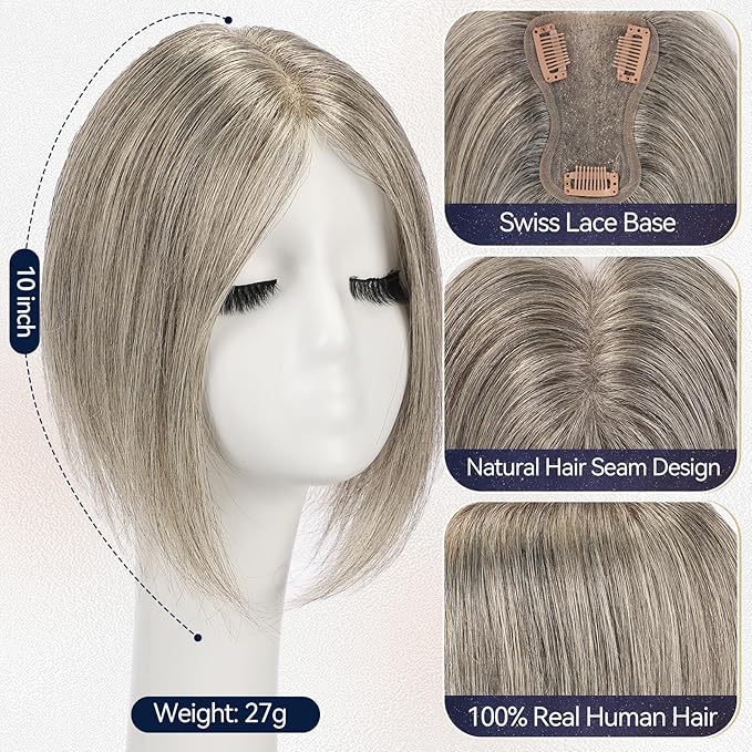 starluck Real Human Hair Toppers for Women 10 Inch Human Hair Topper no Bangs, 3 * 4.5 inches Swiss Base Suitable for ThinningHair Cover Grey Roots(Mixed Light Grey)