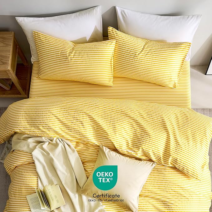 JELLYMONI 100% Natural Cotton Striped Standard Pillowcases Set, 2 Pack Bright Yellow Stripes Pattern Printed Pillow Covers with Envelope Closure(Pillows are not Included)