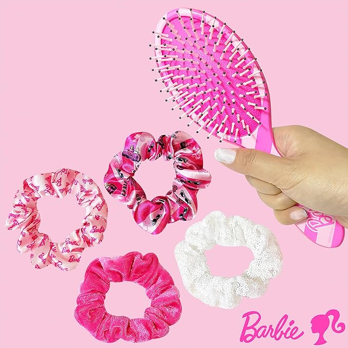 Barbie Hair Accessory 5 Pcs Set - 1 Regular 9 inch Hairbrush & 4 Scrunchies - Detangling Brush Elastic Hair Ties Ropes, Ages 3+