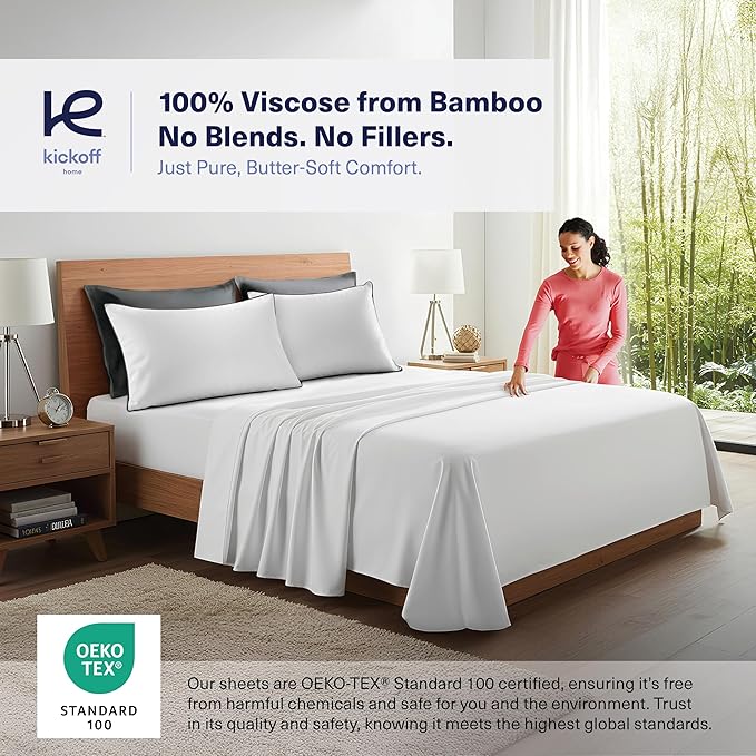 Kickoff Viscose Bamboo Pillowcase, Queen, Set of 2, 100% Organic Hidden Zippered Viscose Bamboo Pillow Case Queen Size, Cooling Pillow Cover for Hot Sleepers (20"x30", Trimmed, Pewter)