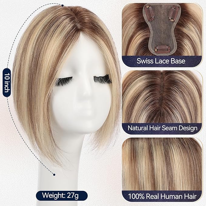 starluck Real Human Hair Toppers for Women 10 Inch Human Hair Topper no Bangs, 3 * 4.5 inches Swiss Base Suitable for ThinningHair Cover Grey Roots(Ash Blonde)