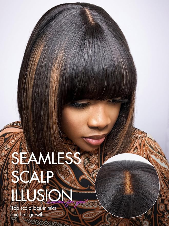 LUVME HAIR 14 Inch Yaki Straight Bob Wig with Bangs Human Hair Glueless HD Lace Bob Wig with Brown Highlights, Ready to Go Short Wigs For Women 180 Density Breathable Cap
