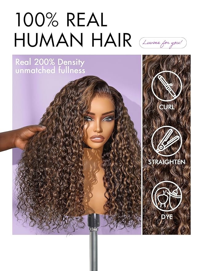 LUVME HAIR 7x6 HD Lace All-Day Comfort Wig PartingMax Lace Wigs Water Wave Curly Lace Front Wigs Human Hair Pre Cut Plucked Lace Frontal Glueless 22 Inches Hlighlight Color