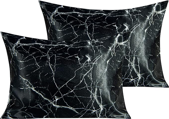 NTBAY 2 Pack Satin Standard Pillowcases for Hair and Skin, Luxurious and Silky Marbling Printed Pillow Cases with Envelope Closure, 20x26 Inches, Black