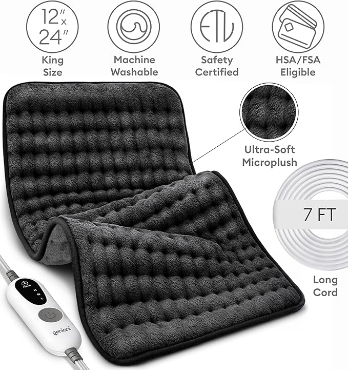GENIANI XL Electric Heating Pad for Back Pain & Cramps Relief, Electric Throw, Birthday Christmas Gifts for Women, Men Auto Shut Off, Machine Washable, Heat Pad for Neck & Shoulder (12"x24" Jet Black)