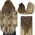 GOO GOO Clip in Hair Extensions Real Human Hair, Remy Human Hair Extensions Clip ins for Women, Natural Human Hair, 26inch 135g 7Pcs, 3/8/613 Balayage Walnut Brown to Ash Brown and Bleach Blonde