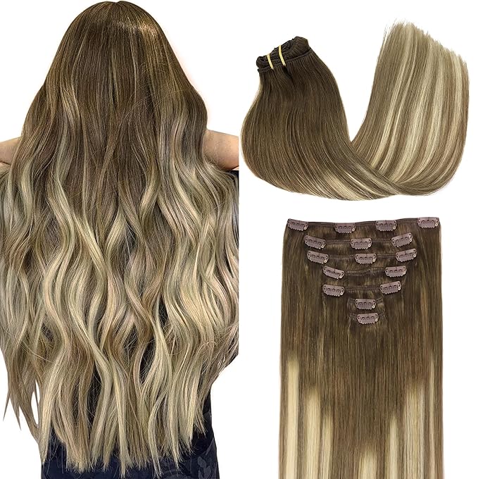 GOO GOO Clip in Hair Extensions Real Human Hair, Remy Human Hair Extensions Clip ins for Women, Natural Human Hair, 20inch 160g 7Pcs, #3/8/613 Balayage Walnut Brown to Ash Brown and Bleach Blonde