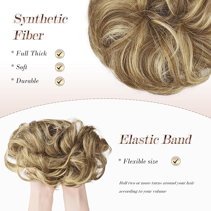 FESHFEN Messy Bun Hair Piece - Large Elastic Wavy Curly Hair Bun Scrunchies Ponytail Extensions Synthetic Chignon Hairpieces for Women, Sand 1.94oz