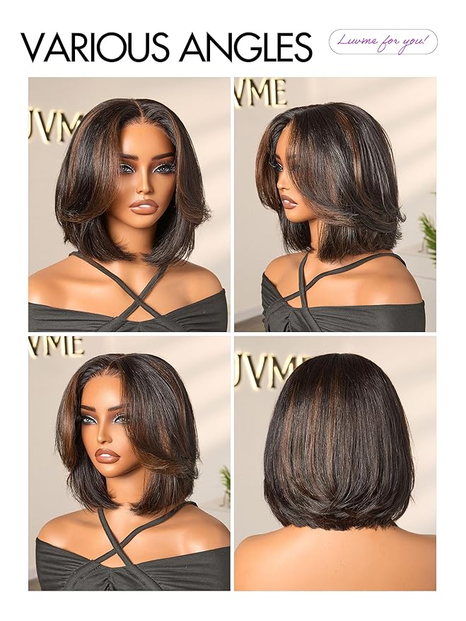 LUVME HAIR 5X5 Layered Cut Bob Wig 100% Human Hair Wigs Glueless 10 Inches Bob Pre Cut Plucked Lace Short Wig Ready To Go Bleached Knots Middle Part Brown Highlight Wigs
