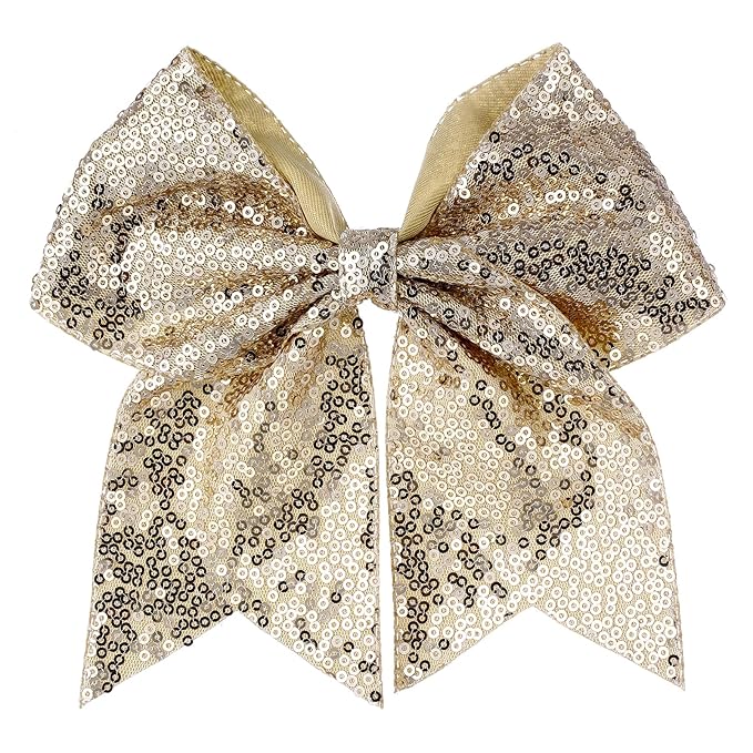 Large Glitter Cheer Bows Clips, Jumbo Big 7 Inch Cheerleading Sequin Hair Bow Hair Accessories for Teens Girls Football Sports Cheerleader Outfit Uniform (Gold)