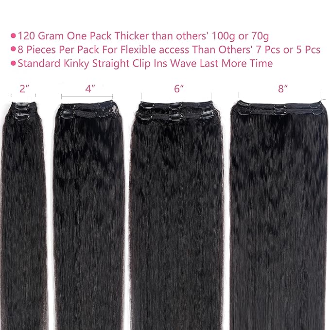Clip in Hair Extensions Real Human Hair Clip Ins 100% Unprocessed Brazilian Virgin Hair Clip on Hair Extensions Kinky Straight Hair Clip ins 8pcs with 18 Clips 120g(14inch)