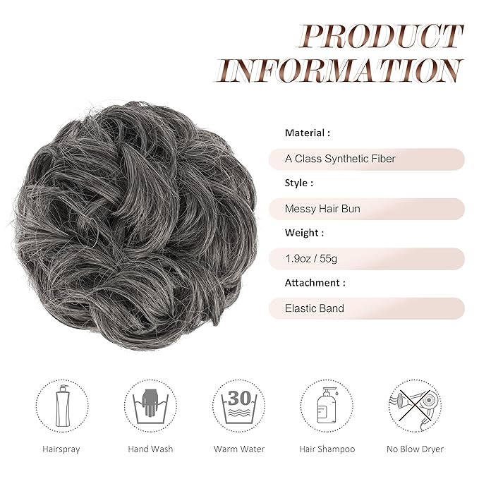 FESHFEN Messy Bun Hair Piece - Large Elastic Wavy Curly Hair Bun Scrunchies Ponytail Extensions Synthetic Chignon Hairpieces for Women, Dark Salt and Pepper 1.94oz