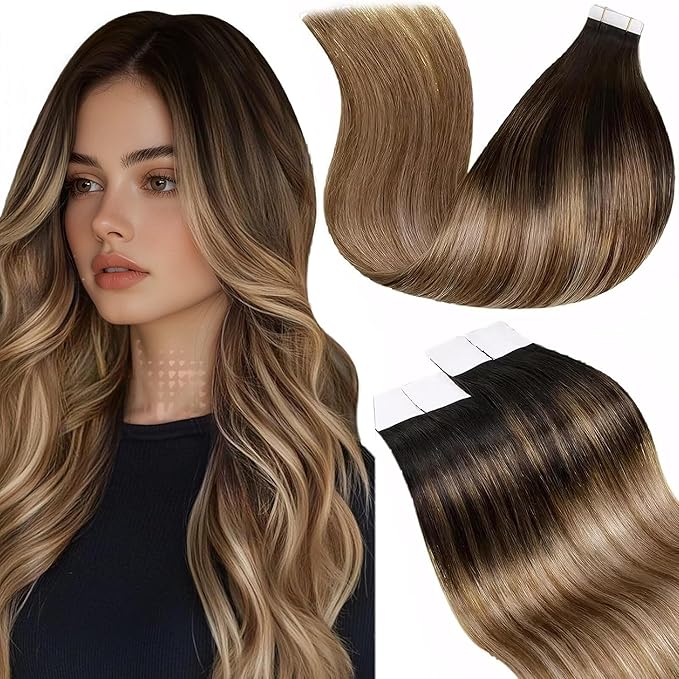 LaaVoo Tape in Hair Extensions Human Hair Ombre Tape Extensions Balayage Brown Fading to Chestnut Brown Mix Golden Brown 14inch 20pcs/50g