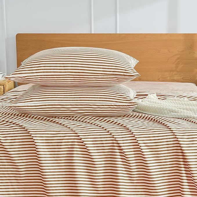 JELLYMONI 100% Natural Cotton Striped Queen Pillowcases Set, 2 Pack White and Rust Stripes Pattern Printed Pillow Covers with Envelope Closure(Pillows are not Included)