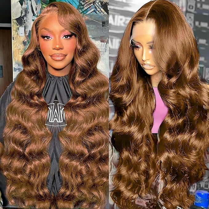 13x6 Body Wave Lace Front Wigs Human Hair Chocolate Brown Wig Human Hair Pre Plucked With Baby Hair 180 Density 4# Colored Brown HD Lace Frontal Wigs for Women 30Inch