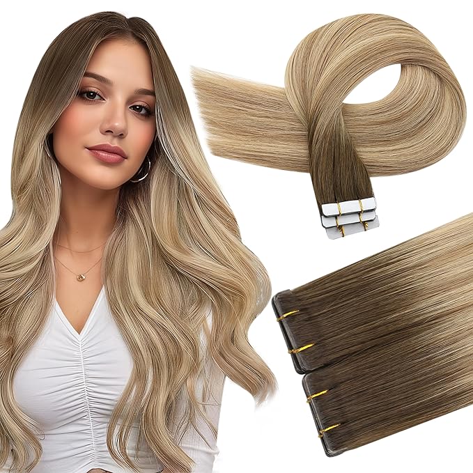 Full Shine Intact Virgin Tape in Hair Extensions Ombre Color 3/8/22 Invisible Injection Human Hair Tape in Extensions 18Inch Seamless Double Sided Tape ins Human Hair Extensions 10Pcs 25Gram