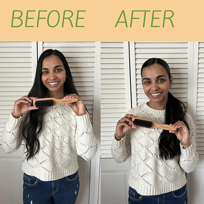 GranNaturals Smoothing & Styling Middle Part Boar Bristle Slick Back Hair Brush w/Narrow Metal Rat Tail End for Sectioning and Parting Sleek Ponytail Bun - Teasing, Backcombing, Edge Control