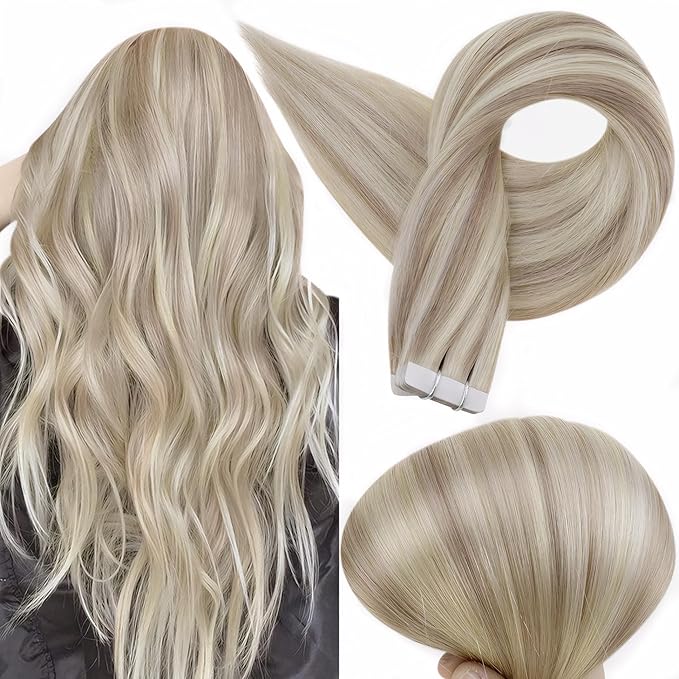 Full Shine Ash Blonde Tape in Hair Extensions Color 18P613 Highlighted Tape in Extensions 20Inch 100G Straight Soft Extension Seamless Skin Weft for Women Daily Office Look 40Pcs