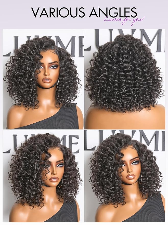 LUVME HAIR 100% Human Hair Wigs Curly Deep Wave Glueless Lace Front 14 Inches, Pre Cut Plucked Hd Lace Short Wig Ready To Go Natural Color Straight Bleached Knots Side Part Black Wigs