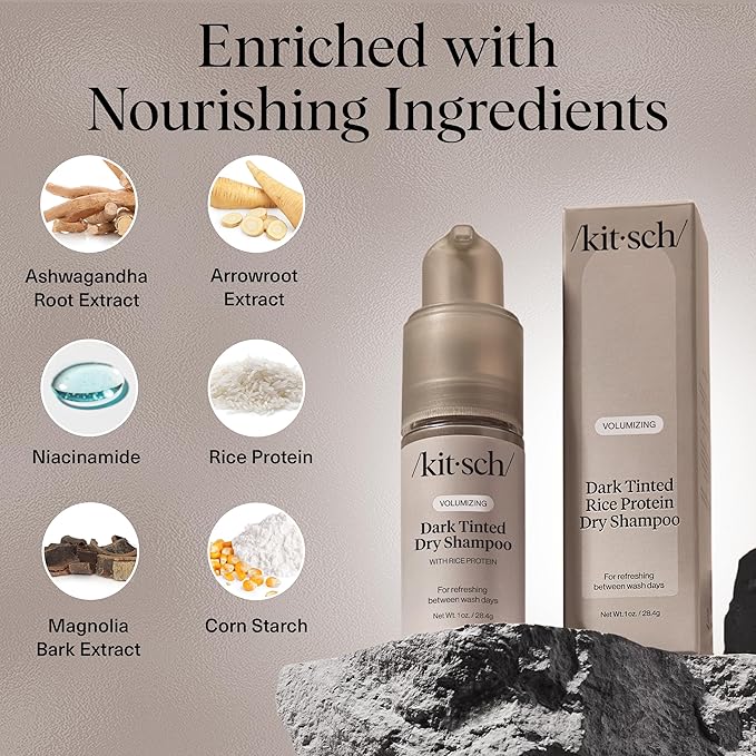 Kitsch Volumizing Rice Protein Dry Shampoo Powder - Dry Shampoo for Women & Men, Dark Hair, No White Cast, Absorbs Oil, Non-Greasy, Fragrance Free, Travel Size | Ideal Gifts for Women- Dark Tinted 1oz